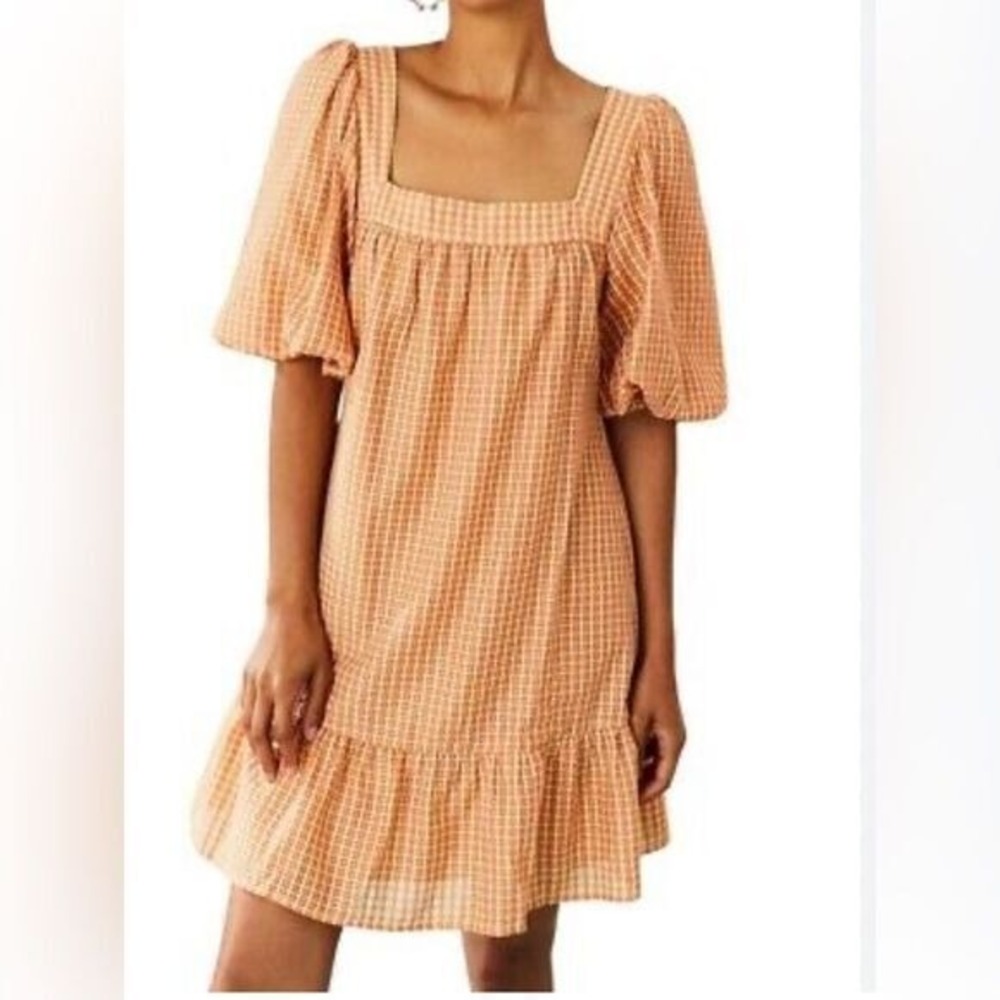 Marie Oliver gingham boho Kaylee Silk Orange mini dress shift cottagecore medium